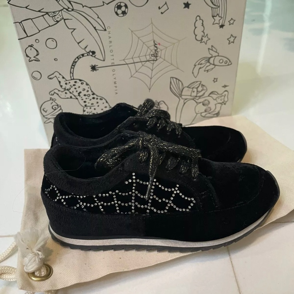 $295 Charlotte Olympia INCY GIRL Velvet Black Sneakers CRYSTALS 31 - Picture 4 of 6